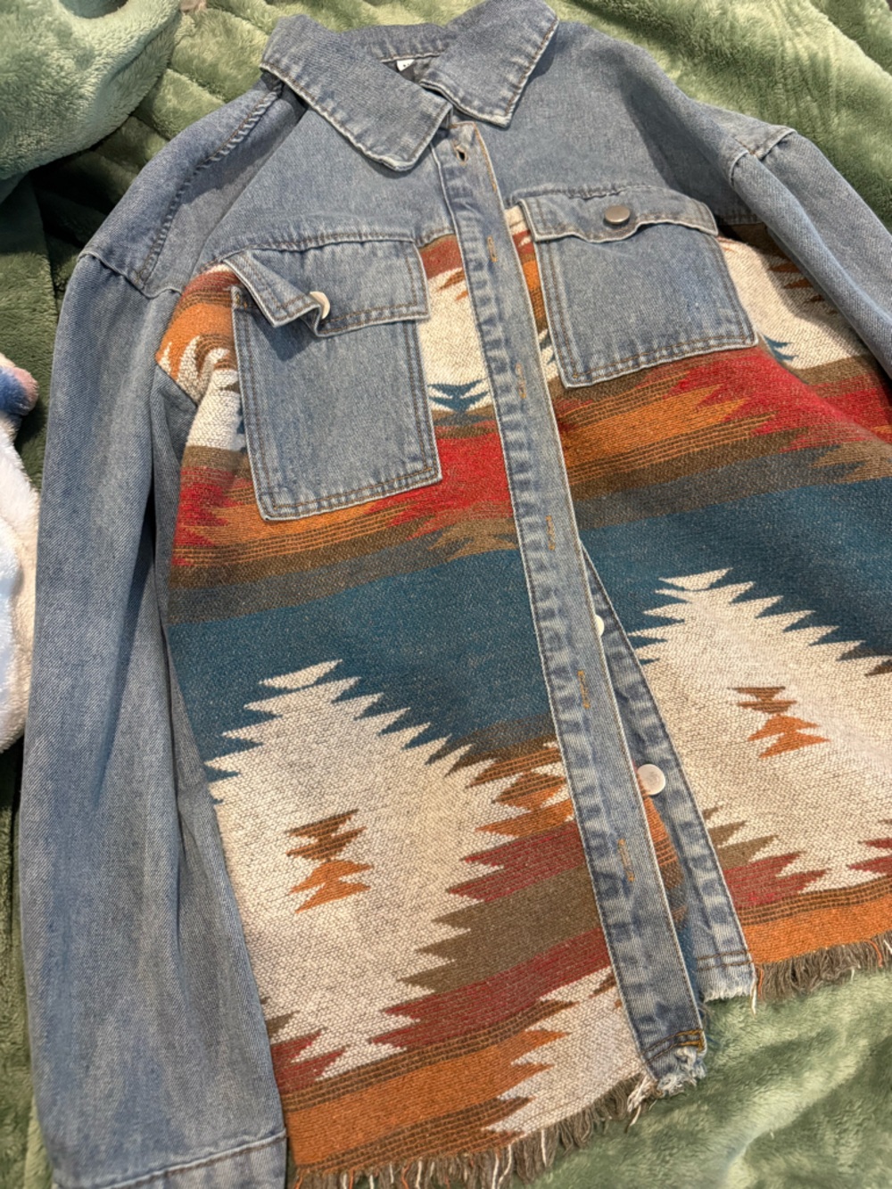 Southwestern Pattern Denim Jacket with Aztec Stripe